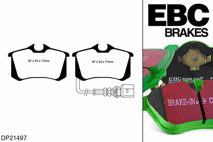 DP21497, Audi A3 (8P), 2.0 2003-2007, EBC Greenstuff remblokken set achteras, Voor modellen met TRW remklauwen aan de achteras, Voor modellen met remschijf diameter van 255mm aan de achteras