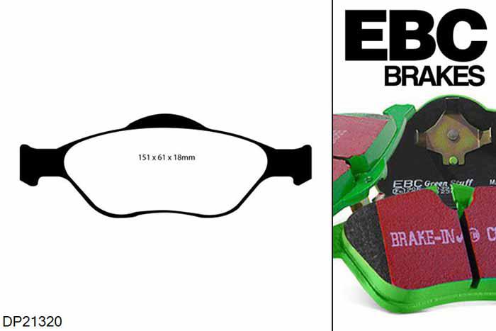 DP21320, Mazda 2, 1.4 2003-2008, EBC Greenstuff remblokken set vooras, Voor modellen met ATE remklauwen aan de vooras, Voor modellen met een remschijf diameter 258mm