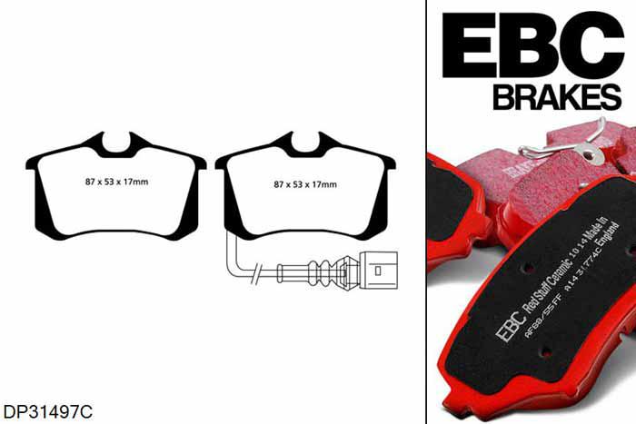 DP31497C, Seat Ibiza (6L), 1.9 TDI FR 130 PK 2004-2008, EBC Redstuff remblokken set achteras, Voor modellen met TRW remklauwen aan de achteras, Voor modellen met remschijf diameter van 233mm aan de achteras