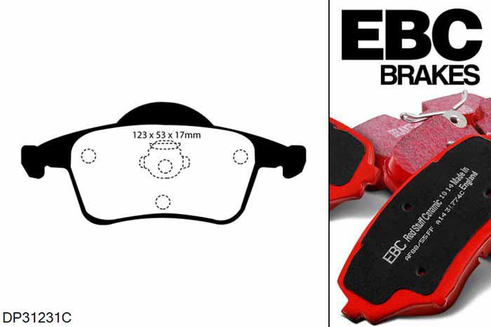 DP31231C, Volvo S80 Mk1, 2.4 TD 2001-2006, EBC Redstuff remblokken set achteras, Voor modellen met ATE remklauwen aan de achteras, Voor modellen met remschijf diameter van 288mm aan de achteras
