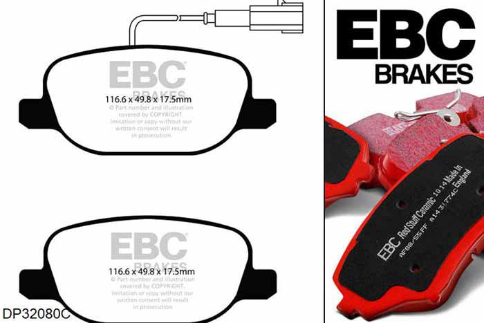 DP32080C, Lancia Delta, 1.8 Turbo 2010-, EBC Redstuff remblokken set achteras, Voor modellen met remschijf diameter van 251mm aan de achteras