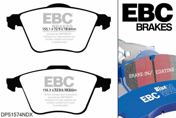DP51574NDX, Saab 9-mrt, 2.8 Turbo X 2008-2010, EBC Bluestuff remblokken set vooras, Voor modellen met ATE remklauwen aan de vooras, Voor modellen met een remschijf diameter 345mm