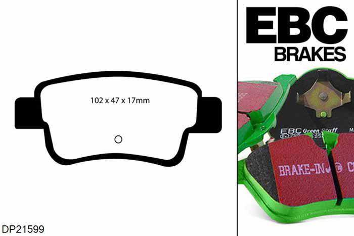 DP21599, Fiat Grande Punto, 1.9 TD 130 PK 2006-2009, EBC Greenstuff remblokken set achteras, Voor modellen met Bosch remklauwen aan de achteras, Voor modellen met remschijf diameter van 264mm aan de achteras
