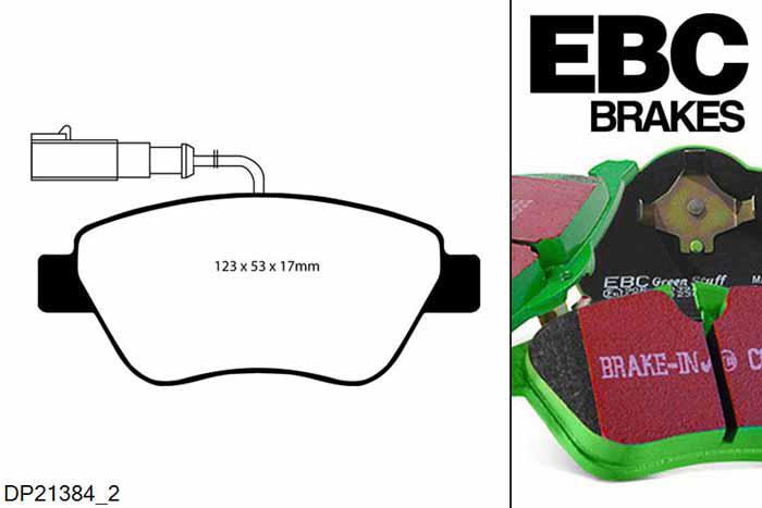 DP21384/2, Fiat 500, 1.4 2013-, EBC Greenstuff remblokken set vooras, Voor modellen met Bosch remklauwen aan de vooras, Voor modellen met een remschijf diameter 257mm
