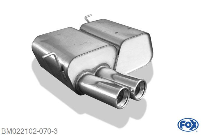 BM022102-070, BMW E46 316Ti/ 318Ti/ 325Ti 1.8l 85kW 2.0l 105kW, Einddemper met eindstuk 2x80mm  Type 13 63,5mm Buisdiameter Geheel RVS, Absortie demper, mooie diepe sound, Met E-keur