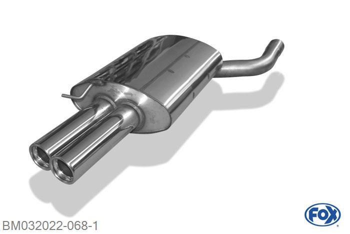 BM032022-068, BMW E60 520i/ 523i/ 525i/ 530i 2.0l 115/120/125kW 2.2l 125kW 2.5l 130/140/141/155/160/170kW 3.0l 160/170/190/200kW, Einddemper met eindstuk 2x76mm  Type 13 70mm Buisdiameter Geheel RVS, Absortie demper, mooie diepe sound, Teilegutachten (eintragungspflichtig)