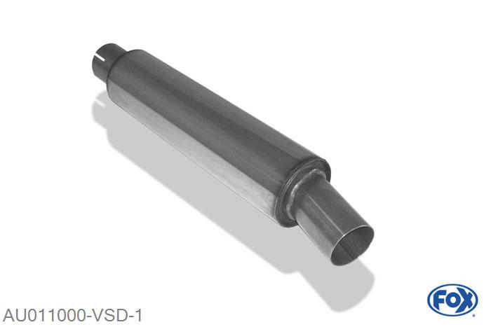 AU011000-VSD, Audi 80/90 - Typ 89, B3, B4 - Limousine/ Coupe/ Cabrio 1.6l 51/55kW 1.8l 65/66/82/85/103kW 2.0l 82/83/85/103kW 2.0l 16V 101/103kW 2.3l 98/100/123kW 2.6l 110kW 2.8l 128kW 1.6l D 40kW 1.6l TD 59kW 1.9l TD 50/66kW, Voordemper 63,5mm Buisdiameter Geheel RVS, Absortie demper, mooie diepe sound, Met E-keur