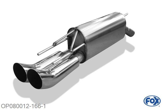 OP080012-166, Opel Calibra A 2.0l 16V 100kW 2.5l V6 125kW, Einddemper met eindstuk 2x76mm  Type 18 55mm Buisdiameter Geheel RVS, Absortie demper, mooie diepe sound, Met E-keur