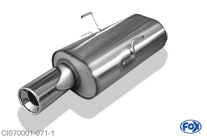 CI070001-071, Citroen Saxo/ Peugeot 106 Sport 1.0l 33/37kW 1.1l 40/44kW, Einddemper met eindstuk 1x90mm  Type 13 45mm Buisdiameter Geheel RVS, Absortie demper, mooie diepe sound, Met E-keur
