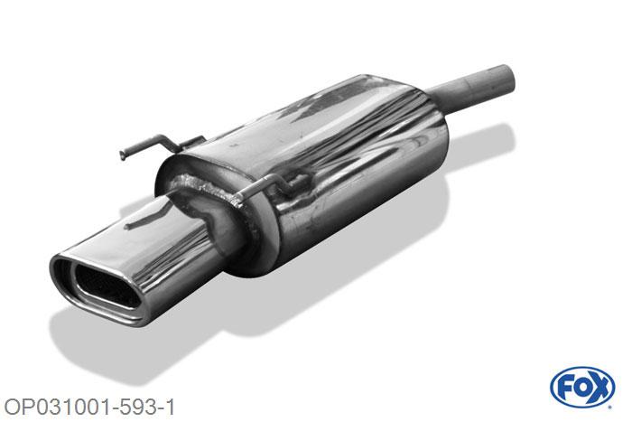 OP031001-593, Opel Corsa B 1.0l 40kW 1.2l 33/48kW 1.4l 44/60/66kW 1.6l 78/80kW 1.5l TD 37/49kW, Einddemper met eindstuk 135x80mm  Type 53 50mm Buisdiameter Geheel RVS, Absortie demper, mooie diepe sound, Met E-keur
