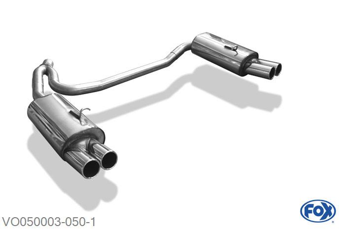 VO050003-050, Volvo C70 I - Coupe & Cabrio 2.0l 120/166kW 2.3l 176/180kW 2.4l 142/147kW, Einddemper met uitgang rechts/links - 2x80mm  Type 12 rechts/links 70/ 2x63mm Buisdiameter Geheel RVS, Absortie demper, mooie diepe sound, Teilegutachten (eintragungspflichtig)
