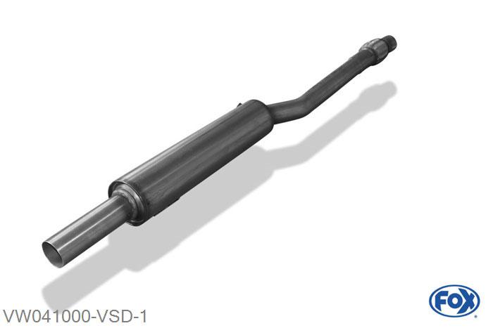 VW041000-VSD, VW Polo 86C 0.9l 29kW 1.0l 29/33kW 1.1l 37KW 1.3l 40/44/47/55kW 1.3l D 33/35kW, Voordemper 45mm Buisdiameter Geheel RVS, Absortie demper, mooie diepe sound, Met E-keur
