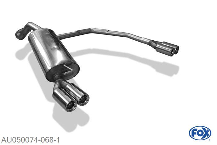 AU050074-068, Audi A3 Typ 8L 1.6l 74/75kW 1.8l 92kW 1.8l T 110/132kW 1.9l TDI 66/74/81/96kW, Einddemper  uitgang rechts/links O63,5mm - 2x76mm  Type 13 rechts/links Geheel RVS, Absortie demper, mooie diepe sound, Teilegutachten (eintragungspflichtig)