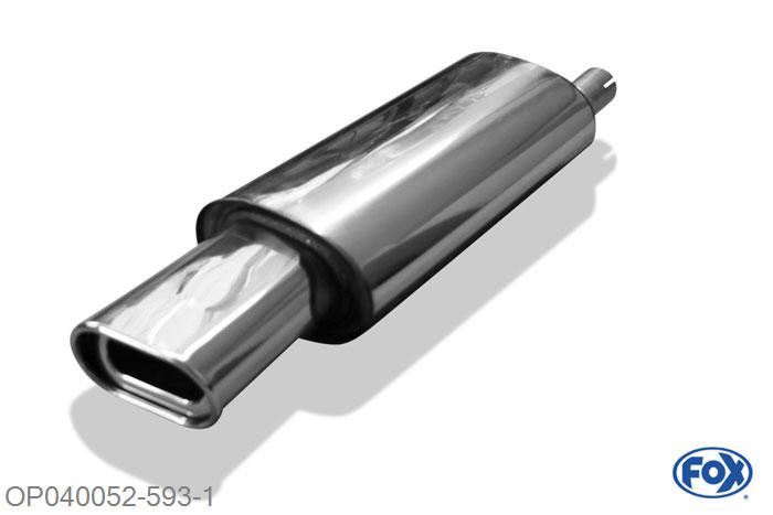 OP040052-593, Opel Astra F-CC 1.4l 44/66/85kW 1.6l 52/55/60/66/74kW 1.8l 66/85/92kW 2.0l 85/100/110kW 1.5l D 53kW 1.6l D 40kW, Einddemper 1-punts ophanging  - 135x80mm  Type 53 Geheel RVS, Absortie demper, mooie diepe sound, Met E-keur