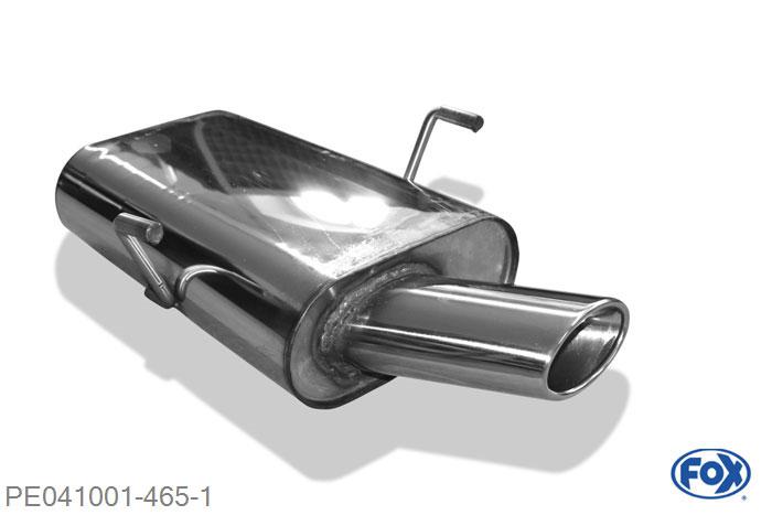 PE041001-465, Peugeot 406 Limousine/ Coupe 1.6l 65kW 1.8l 81kW 2.0l 97kW 2.0l 99kW, Einddemper met eindstuk 106x71mm  Type 38 50mm Buisdiameter Geheel RVS, Absortie demper, mooie diepe sound, Met E-keur