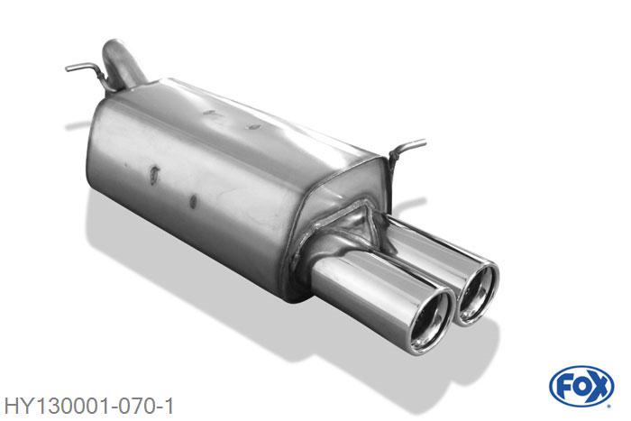 HY130001-070, Hyundai Getz - 3/5 turer 1.1l 46/49kW 1.3l 60/63kW 1.6l 77kW 1.5l CRDi 60kW, Einddemper met eindstuk 2x80mm  Type 13 Geheel RVS, Absortie demper, mooie diepe sound, Teilegutachten (eintragungspflichtig)