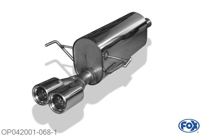OP042001-068, Opel Astra H/ Astra H GTC 1.2l 59kW 1.4l 66kW 1.6l 77/85kW 1.8l 92/103kW 1.2l D 66kW 1.7l CDTi 59/74/81/92kW 1.9l CDTi 74/88/110kW, Einddemper einseitig - 2x76mm  Type 13 55mm Buisdiameter Geheel RVS, Absortie demper, mooie diepe sound, Met E-keur