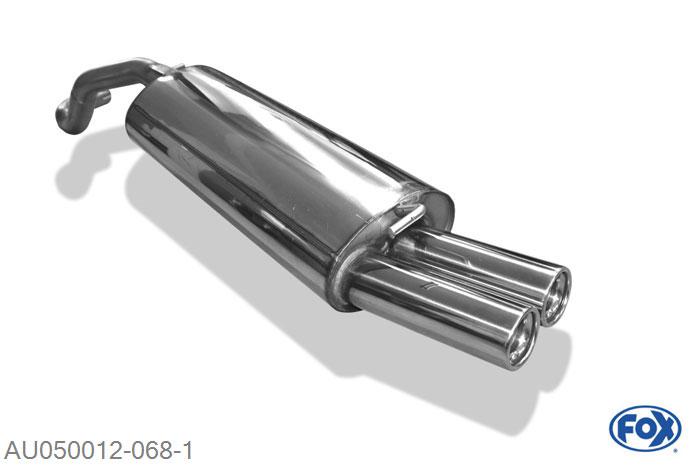 AU050012-068, Audi A3 Typ 8L 1.6l 74/75kW 1.8l 92kW 1.8l T 110kW 1.9l TDI 66/74/81/96kW, Einddemper met eindstuk 2x76mm  Type 13 Geheel RVS, Absortie demper, mooie diepe sound, Met E-keur
