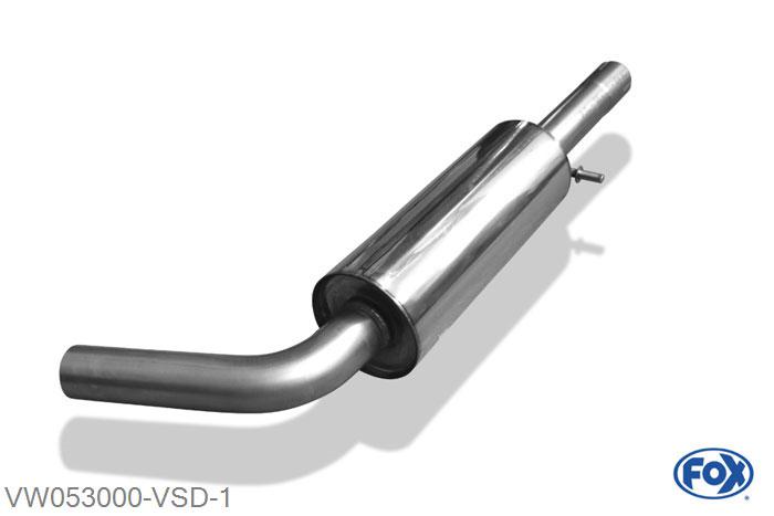 VW053000-VSD, VW Golf IV 1.4l 55kW 1.6l 74/75/77/81kW 1.8l 92/110/132kW 2.0l 85kW 2.3l 110/125kW 1.9l SDI/TDI 50/66/74/81/85/96/110kW, Voordemper 55mm Buisdiameter Geheel RVS, Absortie demper, mooie diepe sound, Teilegutachten (eintragungspflichtig)