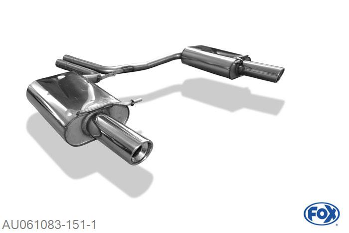 AU061083-151, Audi A4 Typ B7 - Cabrio/ Limousine/ Avant 2.0l 147kW 2.4l 125kW 3.0l 162kW, Einddemper rechts/links - 1x90mm  Type 17 rechts/links 2x50mm Buisdiameter Geheel RVS, Absortie demper, mooie diepe sound, Met E-keur