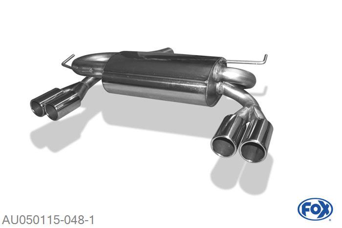 AU050115-048, Audi A3 Typ 8L quattro 1.8l T 110/132kW 1.9l TDI 96kW, Einddemper met uitgang rechts/links O 63,5mm - 2x76mm  Type 12 rechts/links 63,5mm Buisdiameter Geheel RVS, Absortie demper, mooie diepe sound, Met E-keur