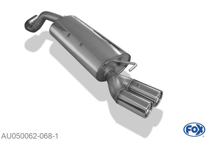 AU050062-068, Audi A3 Typ 8L 1.6l 74/75kW 1.8l 92kW 1.8l T 110/132kW 1.9l TDI 66/74/81/96kW, Einddemper O63,5mm - 2x76mm  Type 13 Geheel RVS, Absortie demper, mooie diepe sound, Teilegutachten (eintragungspflichtig)