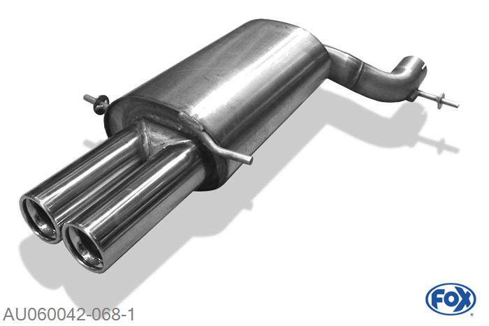 AU060042-068, Audi A4/ S4 Typ B5 quattro 1.8l T 110/132kW 2.4l 120kW 2.6l 110kW 2.7l T 169/195kW 2.8l 128/142kW 1.9l TDI 81/85kW 2.5l TDI 110kW, Einddemper O70mm - 2x76mm  Type 13 70mm Buisdiameter Geheel RVS, Absortie demper, mooie diepe sound, Teilegutachten (eintragungspflichtig)