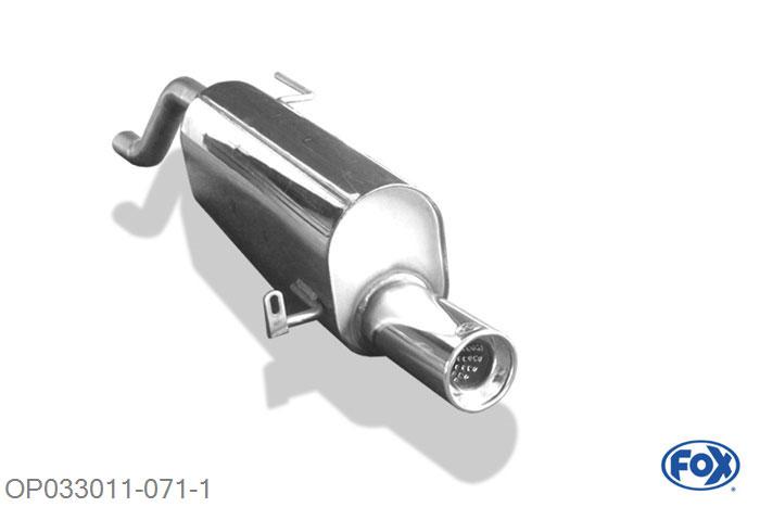 OP033011-071, Opel Corsa D 1.0l 44kW 1.2l 51/59/63kW 1.4l 64/66/74kW 1.3l D 55/66kW, Einddemper met eindstuk 1x90mm  Type 13 50mm Buisdiameter Geheel RVS, Absortie demper, mooie diepe sound, Met E-keur