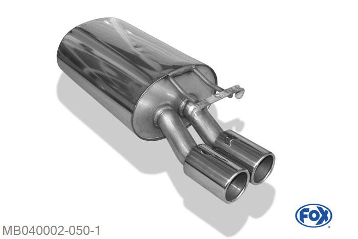 MB040002-050, Mercedes E-Klasse W124 Stufenheck 4.2l 205kW 5.0l 235kW, Einddemper O70mm - 2x80mm  Type 12 70mm Buisdiameter Geheel RVS, Absortie demper, mooie diepe sound, Met E-keur