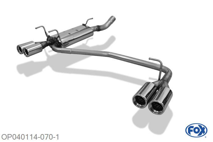 OP040114-070, Opel Astra F Caravan 1.4l 44/66/85kW 1.6l 52/55/60/66/74kW 1.8l 66/85/92kW 2.0l 85/100/110kW 1.5l D 53kW 1.6l D 40kW, Einddemper rechts/links 3-punts ophanging  O63,5mm - 2x80mm  Type 13 rechts/links Geheel RVS, Absortie demper, mooie diepe sound, Met E-keur
