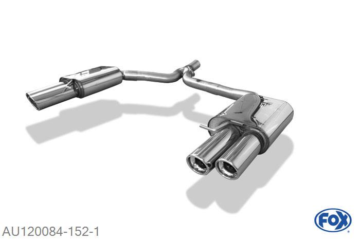 AU120084-152, Audi A4 B8 Limousine/ Avant + S-Line 2.0l TFSI 132/155kW (Fronttrieb und Quattro), Einddemper rechts/links dubbele buis inkl. Y-Adapterrohr O65mm innen - 2x90mm  Type 17 rechts/links 63,5mm Buisdiameter Geheel RVS, Absortie demper, mooie diepe sound, Met E-keur