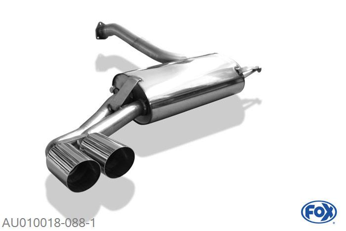 AU010018-088, Audi 80/90 Typ 81/85 quattro 1.8l 66/81/82kW 2.0l 83/85kW 2.3l 88/98/100kW, Einddemper met eindstuk 2x76mm  Type 14 63,5mm Buisdiameter Geheel RVS, Absortie demper, mooie diepe sound, Met E-keur