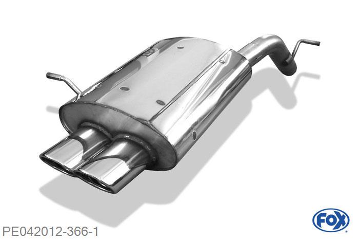PE042012-366, Peugeot 407 - 2,0l 16V 2.0l 16V 103kW, Einddemper met eindstuk 2x106x71mm  Type 33 60mm Buisdiameter Geheel RVS, Absortie demper, mooie diepe sound, Met E-keur