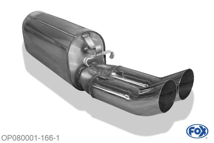 OP080001-166, Opel Calibra A/ Calibra A 4x4 2.0l 85kW 2.0l 16V 110kW, Einddemper O50mm - 2x76mm  Type 18 50mm Buisdiameter Geheel RVS, Absortie demper, mooie diepe sound, Met E-keur