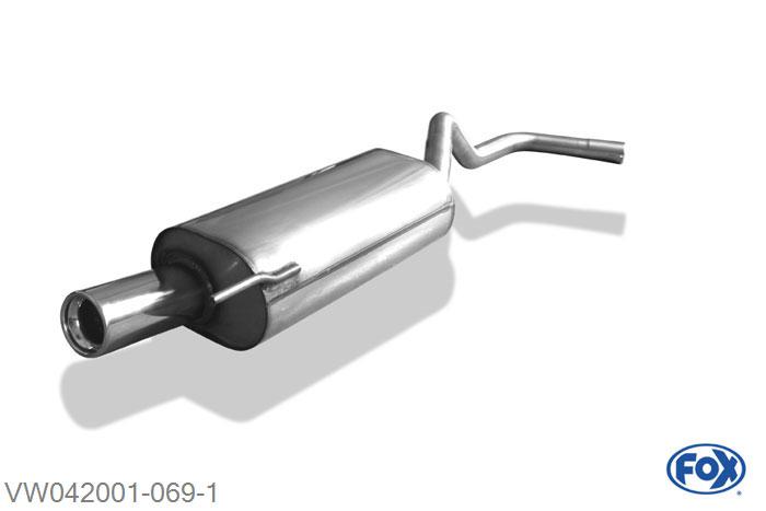 VW042001-069, VW Polo 6N 1.0l 37kW 1.1l 33/37kW 1.3l 40kW 1.4l 40/44/55kW 1.6l 55kW, Einddemper enkele buis O45mm - 1x80mm  Type 13 45mm Buisdiameter Geheel RVS, Absortie demper, mooie diepe sound, Met E-keur