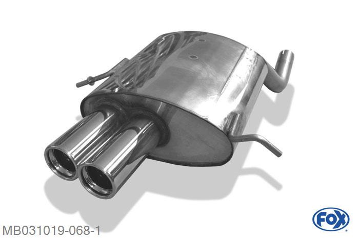 MB031019-068, Mercedes C-Klasse Sportcoupe CL203 1.8l 105kW 2.0l 95/120kW 2.3l 145kW, Einddemper met eindstuk 2x76mm  Type 13 55mm Buisdiameter Geheel RVS, Absortie demper, mooie diepe sound, Met E-keur