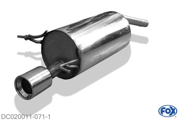 DC020011-071, Dacia Sandero 1.4l 55kW 1.6l 65kW, Einddemper met eindstuk 1x90mm  Type 13 45mm Buisdiameter Geheel RVS, Absortie demper, mooie diepe sound, Met E-keur