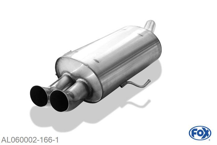 AL060002-166, Alfa Romeo 156 1.6l 88kW 1.8l 103/106kW 2.0l 110/114/122kW 2.5l 140/141kW 2.0l JTD 77/81kW 2.4l JTD 100/103/110kW, Einddemper met eindstuk 2x76mm  Type 18 60mm Buisdiameter Geheel RVS, Absortie demper, mooie diepe sound, Met E-keur