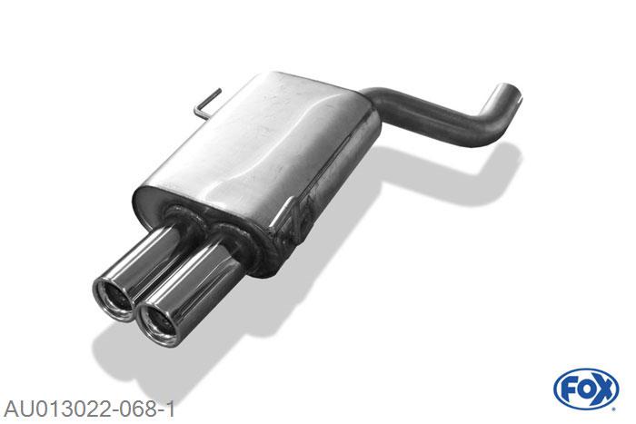 AU013022-068, Audi 80 Typ B4 quattro 2.0l 85/101/103kW 2.3l 98kW 2.6l 110kW 2.8l 128kW, Einddemper met eindstuk 2x76mm  Type 13 63,5mm Buisdiameter Geheel RVS, Absortie demper, mooie diepe sound, Met E-keur