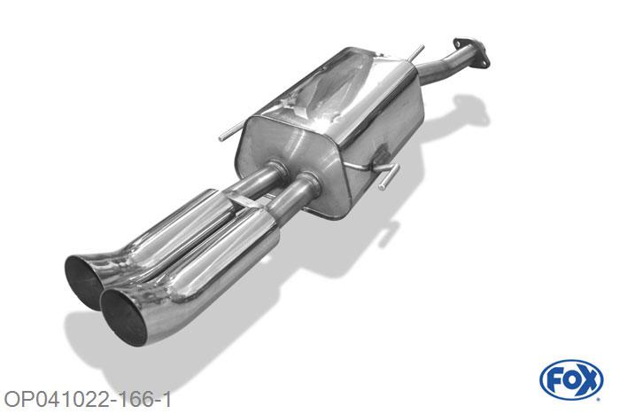 OP041022-166, Opel Astra G Stufenheck 1.4l 66kW 1.6l 55/62/74/76kW 1.8l 85/92kW 2.0l 100kW 2.2l 108kW 1.7l TD 50kW 1.7l TDI 55kW 2.0l DI 60kW 2.0l TD 74kW 2.2 DTi 92kW, Einddemper met eindstuk 2x76mm  Type 18 50mm Buisdiameter Geheel RVS, Absortie demper, mooie diepe sound, Met E-keur
