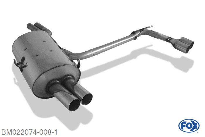 BM022074-008, BMW E46 320/ 323/ 325/ 328/ 330 2.0l 110kW 2.2l 125kW 2.5l 125/141kW 2.8l 142kW 3.0l 170kW, Einddemper met uitgang rechts/links dubbele buis - 2x76mm  Type 10 rechts/links 50mm Buisdiameter Geheel RVS, Absortie demper, mooie diepe sound, Met E-keur