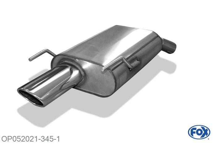 OP052021-345, Opel Vectra C/ Vectra C GTS 1.6l 74/77kW 1.8l 81/90/103kW, Einddemper enkele buis - 1x106x71mm  Type 32 50mm Buisdiameter Geheel RVS, Absortie demper, mooie diepe sound, Met E-keur
