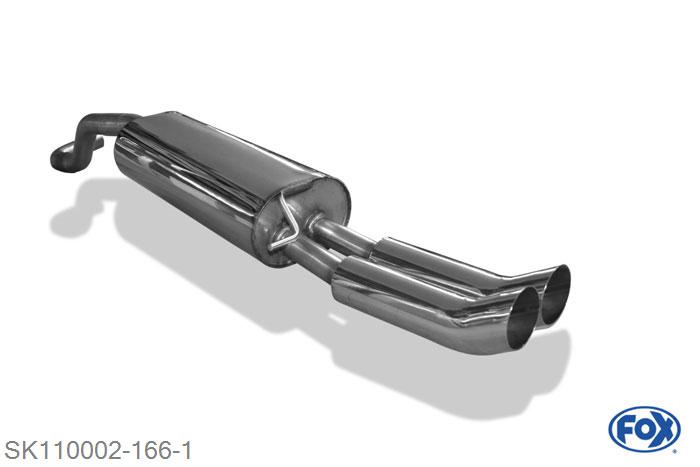 SK110002-166, Skoda Rapid Limousine 1.2l 55/63/77kW 1.4l 90kW 1.6l TDI 77kW, Einddemper met eindstuk 2x76mm  Type 18 55mm Buisdiameter Geheel RVS, Absortie demper, mooie diepe sound, Met E-keur