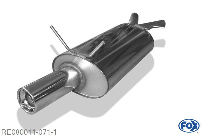 RE080011-071, Renault Megane I - Typ DA Coach 1.4l 52/55/70kW 1.6l 55/66/79kW 1.8l 85kW 2.0l 80/84kW 1.9l dTi 47/66/69/72kW, Einddemper met eindstuk 1x90mm  Type 13 Geheel RVS, Absortie demper, mooie diepe sound, Met E-keur