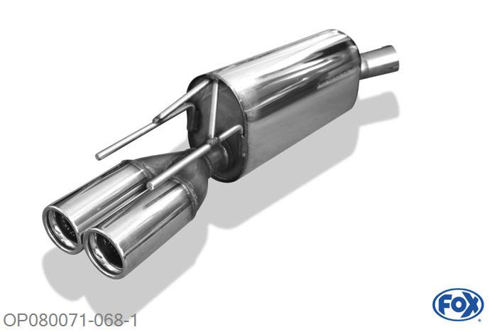 OP080071-068, Opel Calibra A 2.0l Turbo 150kW, Einddemper O 63,5mm - 2x76mm  Type 13 63,5mm Buisdiameter Geheel RVS, Absortie demper, mooie diepe sound, Met E-keur
