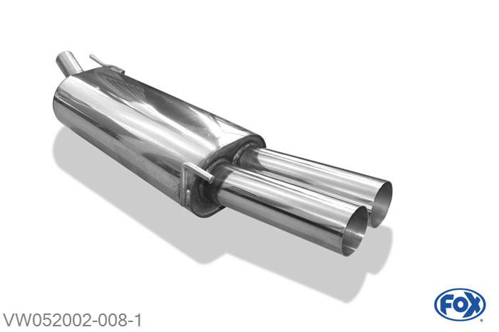 VW052002-008, VW Golf III 1.4l 40/44kW 1.6l 55/74kW 1.8l 55/66kW 2.0l 85kW 1.9l D 47kW 1.9l TDI 55/66/81kW, Einddemper met eindstuk 2x76mm  Type 10 50mm Buisdiameter Geheel RVS, Absortie demper, mooie diepe sound, Met E-keur