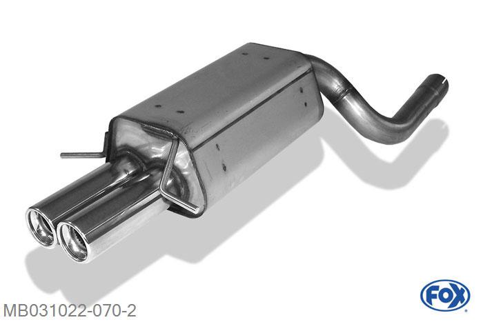 MB031022-070, Mercedes C-Klasse W203/ S203 1.8l 95/105/120/141kW 2.0l 95/120kW 2.6l 120/125kW 3.2l 160kW 2.2l CDI 75/85/90/100/110/105kW 2.7 CDI 120/125kW, Einddemper met eindstuk 2x80mm  Type 13 63,5mm Buisdiameter Geheel RVS, Absortie demper, mooie diepe sound, Met E-keur