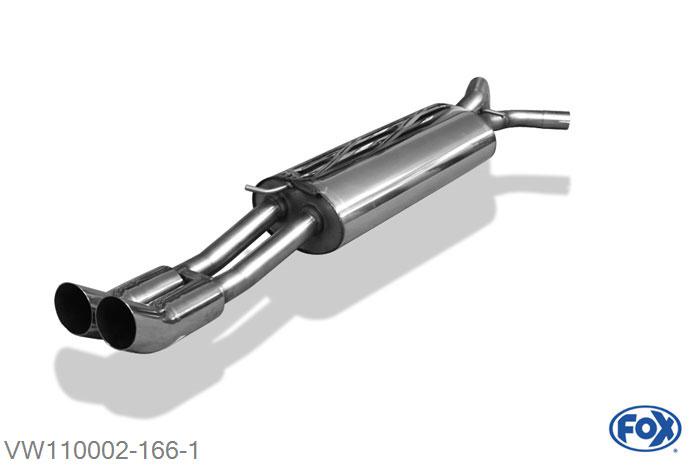 VW110002-166, VW Bora 1J/ Bora Variant 1J 1.4l 55kW 1.6l 74/75/77/81kW 1.8l 92/110kW 2.0l 85kW 2.3l 110kW 1.9l SDI 50kW 1.9l TDI 66/81/85/96/110kW, Einddemper met eindstuk 2x76mm  Type 18 55mm Buisdiameter Geheel RVS, Absortie demper, mooie diepe sound, Met E-keur