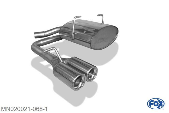 MN020021-068, Mini Cooper Cabrio R52 1.6l 85kW, Einddemper met midden uitgang  - 2x76mm  Type 13 50mm Buisdiameter Geheel RVS, Absortie demper, mooie diepe sound, Met E-keur