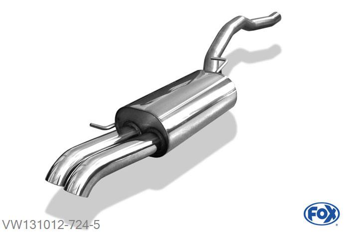 VW131012-724, VW Bus T5/ T6 2.0l 85/110/150kW 3.2l 170/173kW 1.9l TDI 62/63/75/77kW 2.0l TDI 62/75/103/132 2.5l TDI 96/120/128kW, Einddemper met eindstuk 2x63mm  Type 28 60mm Buisdiameter Geheel RVS, Absortie demper, mooie diepe sound, Met E-keur